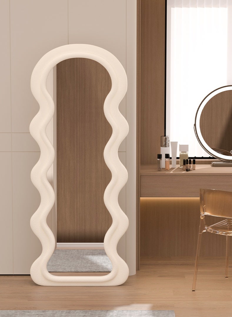 Double-Layer Wave Full Length Mirror, Cream Style Floor Mirror with Foldable Stand for Bedroom & Dressing Room, White - Image 1